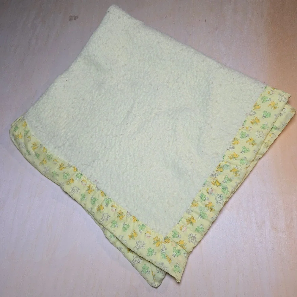 Vintage Nursery Teddy Bear Rocking Horse Baby Blanket Sherpa Satin Trim